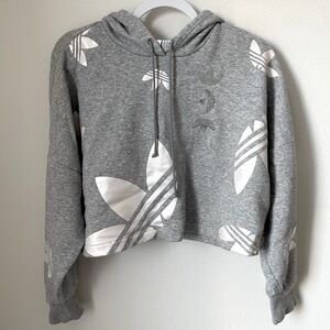 Adidas Crop Hoodie Gray Sweatshirt Embroidered Leaf Logo